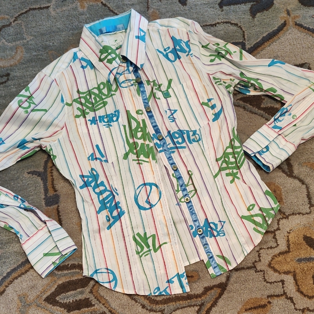 Pepe Jeans White Striped Shirt with Blue & Green Graffiti Print